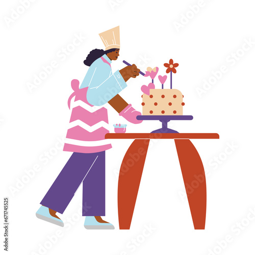 Woman confectioner cooking cake, decorates with heart and flowers, vector confectioner at work, bakery and pastry