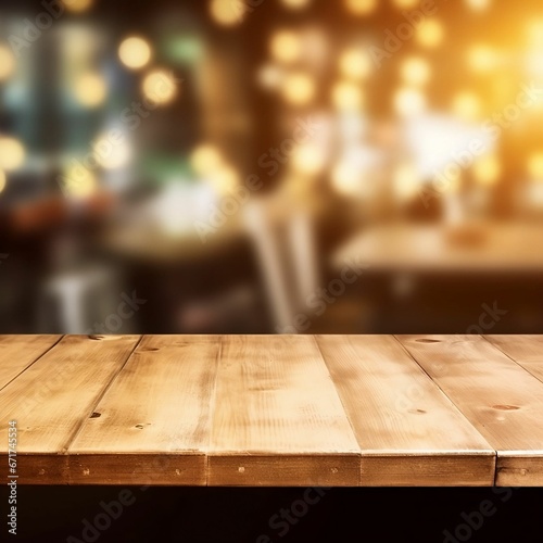 AI generated illustration of a wooden table with the background of a restaurant in a soft focus photo