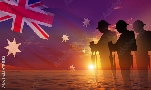 Silhouette of Soldiers with Australian flag on background of sunset. National holidays. 3d illustration