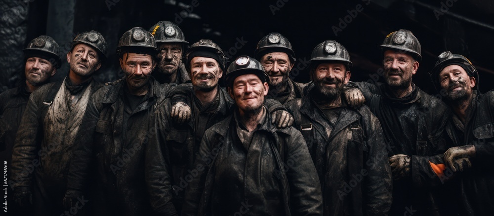 Group of Mine workers wearing hardhats standing in a mine Group of Mine workers wearing hardhats standing in a mine