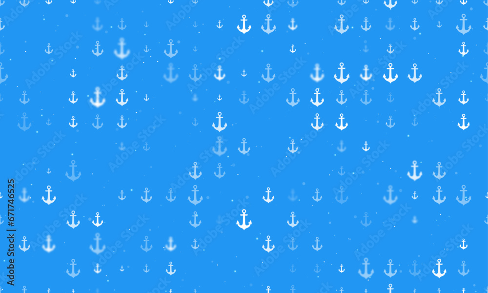 Seamless background pattern of evenly spaced white sea anchor symbols of different sizes and opacity. Vector illustration on blue background with stars