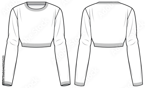 Women's Long sleeve Crop top T Shirt flat sketch fashion illustration drawing template mock up with front and back view, Long sleeve active t-shirt