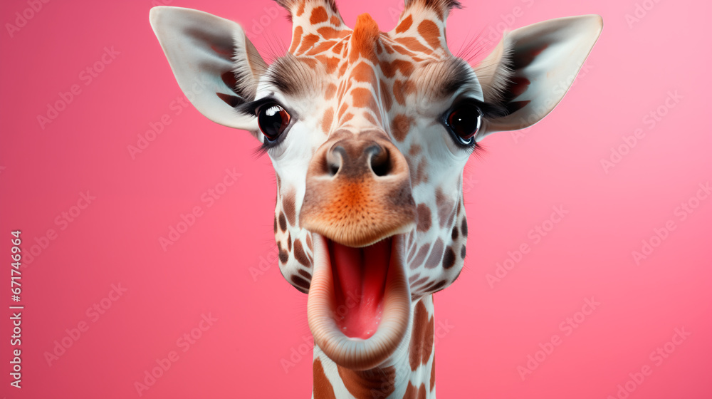 portrait of surprised giraffe on pink background, banner for sale or advertisement, promo action - obrazy, fototapety, plakaty 