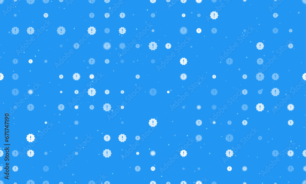Seamless background pattern of evenly spaced white warning symbols of different sizes and opacity. Vector illustration on blue background with stars