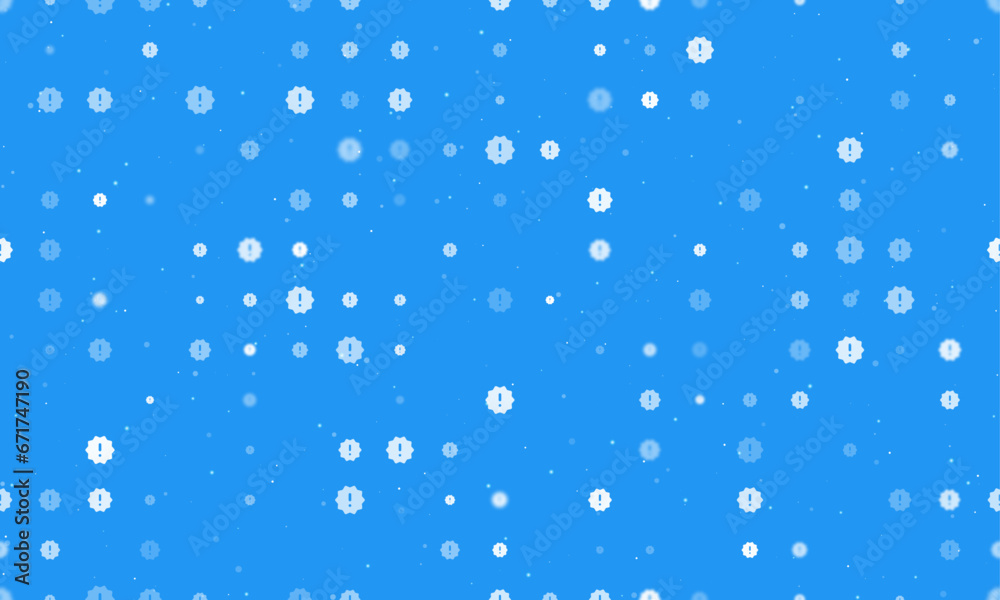Seamless background pattern of evenly spaced white warning symbols of different sizes and opacity. Vector illustration on blue background with stars Seamless background pattern of evenly spaced white warning symbols of different sizes and opacity. Vector illustration on blue background with stars