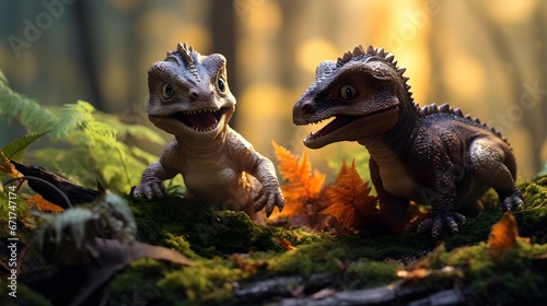Adorable Tiny Dinosaurs Amidst Blurry Forest Scenery © Mauro