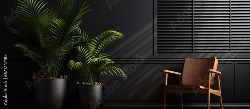 Stylish apartment with dark wooden furniture a potted plant by blinds and a black wall with molding