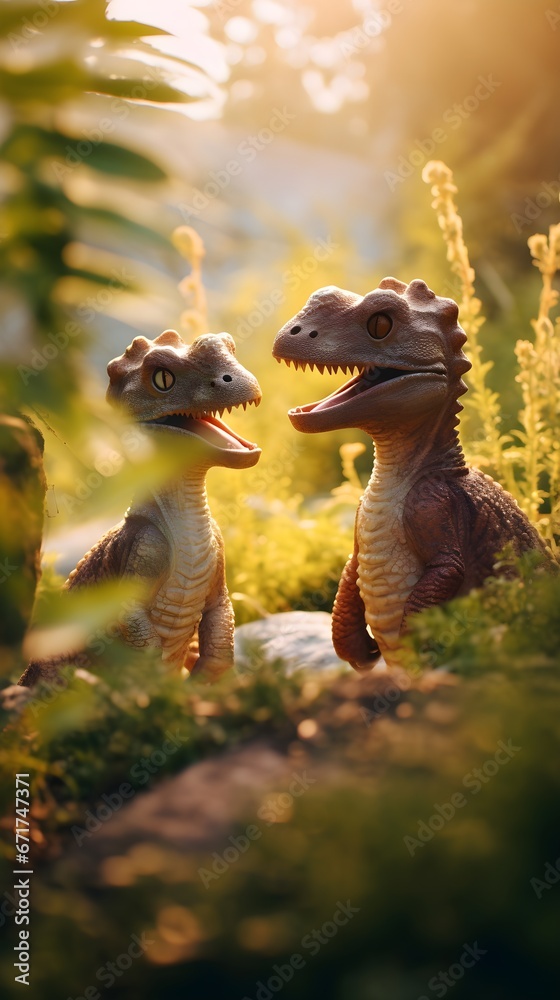 Fototapeta premium Cute Little Dinosaurs in Forest Blur Background