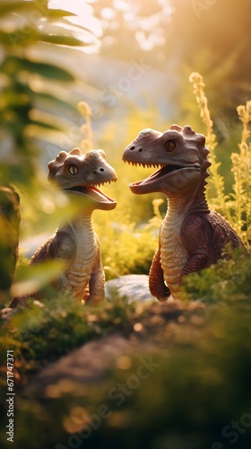Cute Little Dinosaurs in Forest Blur Background