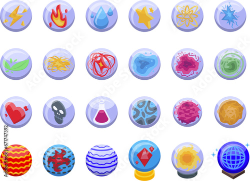Game orbs icons set isometric vector. Magical game fantasy. Power fortune