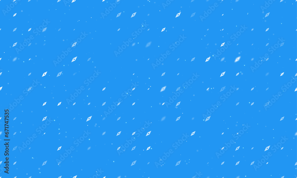 Seamless background pattern of evenly spaced white compass symbols of different sizes and opacity. Vector illustration on blue background with stars Seamless background pattern of evenly spaced white compass symbols of different sizes and opacity. Vector illustration on blue background with stars