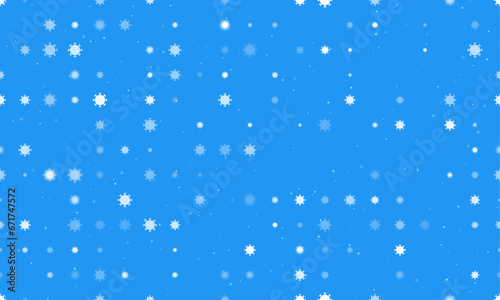 Seamless background pattern of evenly spaced white coronavirus symbols of different sizes and opacity. Vector illustration on blue background with stars