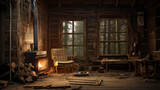 An old, deserted cabin in the woods with broken furniture