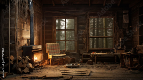 An old, deserted cabin in the woods with broken furniture © Textures & Patterns