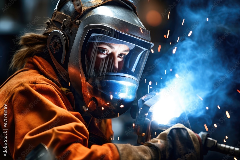 A determined female welder in a workshop, wearing protective gear, holding a welding torch, showcasing proficiency in metalwork and challenging gender norms in a traditionally male-dominated industry. A determined female welder in a workshop, wearing protective gear, holding a welding torch, showcasing proficiency in metalwork and challenging gender norms in a traditionally male-dominated industry.