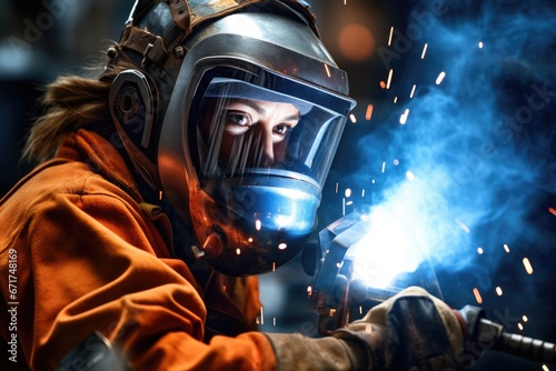 A determined female welder in a workshop, wearing protective gear, holding a welding torch, showcasing proficiency in metalwork and challenging gender norms in a traditionally male-dominated industry. photo