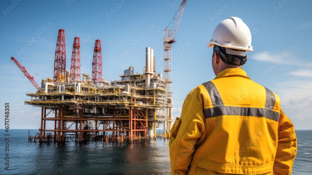 Engineer working at offshore rig plant on the sea Engineer working at offshore rig plant on the sea