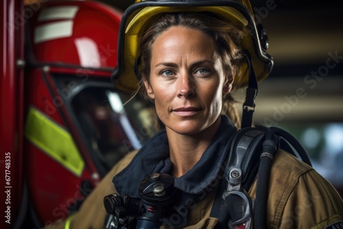 A female firefighter in her firefighting uniform, wearing a helmet and holding an axe, with a determined and fearless expression, highlighting her strength and dedication to her crucial role. photo