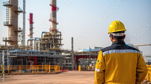 Engineer working at oil and gas plant. Refinery plant. Equipment steel pipes. Industry and factory