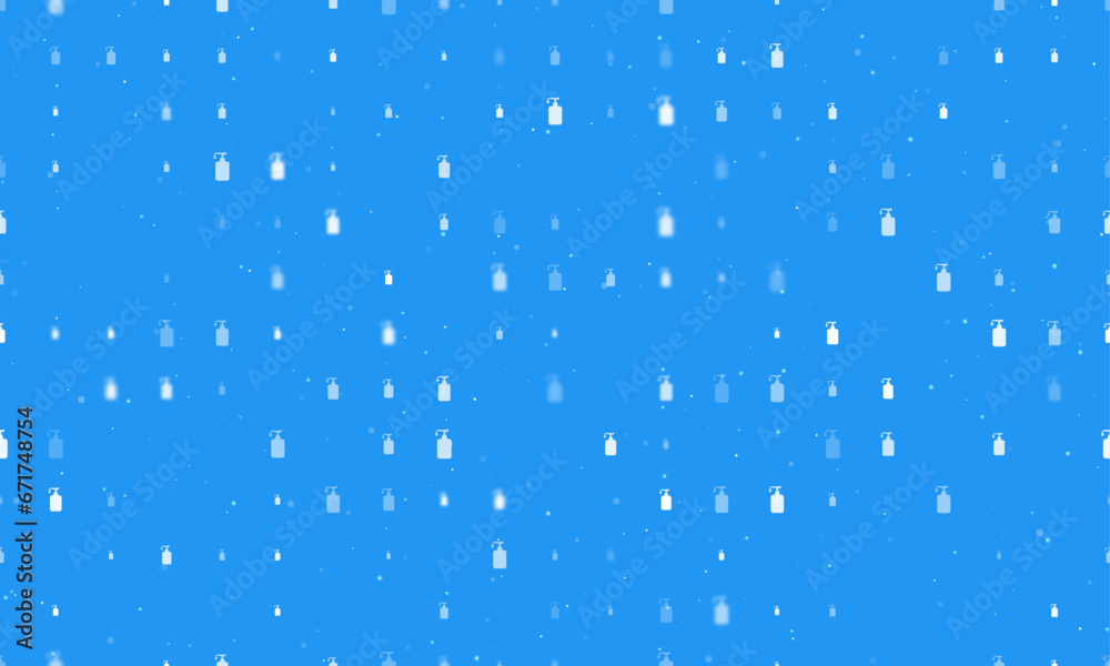 Seamless background pattern of evenly spaced white liquid soap symbols of different sizes and opacity. Vector illustration on blue background with stars