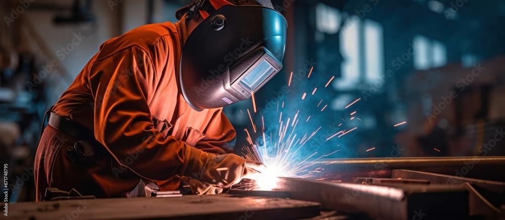 Metal welder working with arc welding at wokshop, Industrial worker is welding steel products in a factory, sparks fly Metal welder working with arc welding at wokshop, Industrial worker is welding steel products in a factory, sparks fly