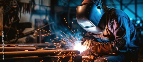 Metal welder working with arc welding at wokshop, Industrial worker is welding steel products in a factory, sparks fly