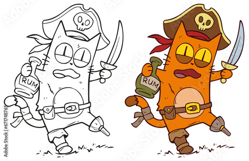 Cartoon funny Halloween pirate cat with sword and rum. Hand drawn vector postcard for coloring.