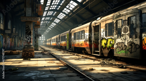 An old, deserted train station with broken benches and graffiti-covered walls