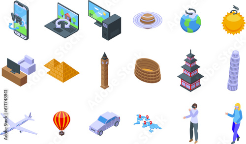 Virtual reality travel icons set isometric vector. Education campfire vr. Digital reality game
