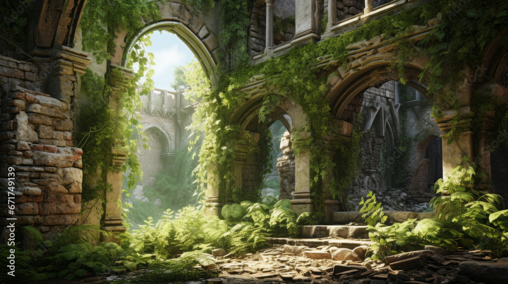 An old, crumbling castle with ivy-covered walls and a single, hidden door 