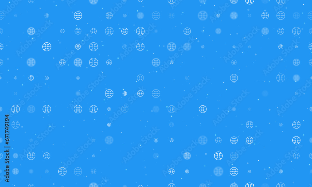 Seamless background pattern of evenly spaced white microcircuit symbols of different sizes and opacity. Vector illustration on blue background with stars