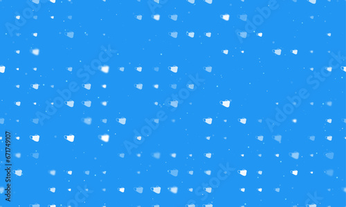 Seamless background pattern of evenly spaced white mask symbols of different sizes and opacity. Vector illustration on blue background with stars