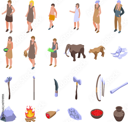 Ancient era family icons set isometric vector. Cave man primitive. Fire wife person