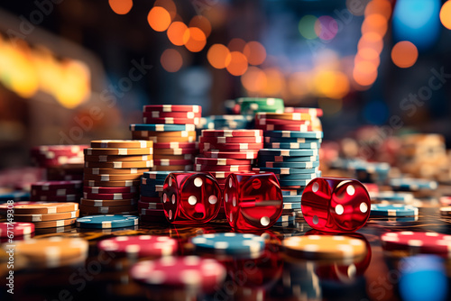 Poker chips in casino, blurred background