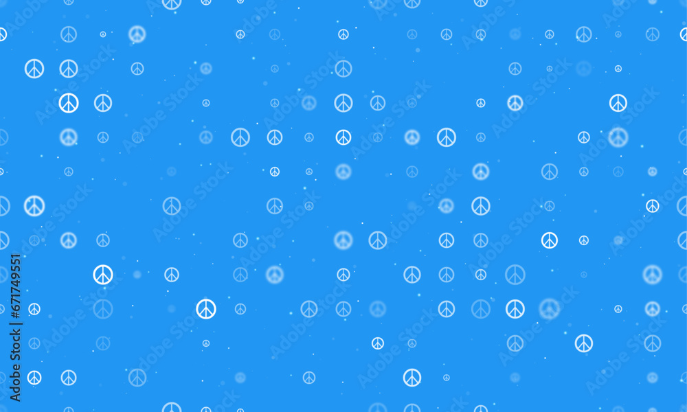 Seamless background pattern of evenly spaced white peace symbols of different sizes and opacity. Vector illustration on blue background with stars