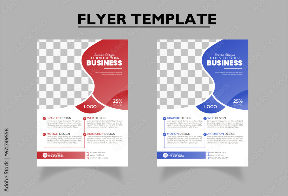 Modern and Creative abstract business Flyer Template | Business flyer for corporate office, various business, IT agency, IT school | Pink , Blue colors | Use of gradients | 