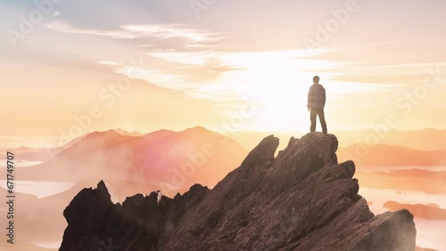 Adventure Man Hiker standing on top of Rocky Cliff. 3d Rendering Peak. Mountain Aerial Landscape Background from BC, Canada. photo
