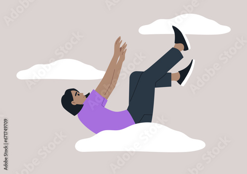 A young character plummeting in a free fall, feeling hopeless and apathetic, descending from the clouds to a rock bottom