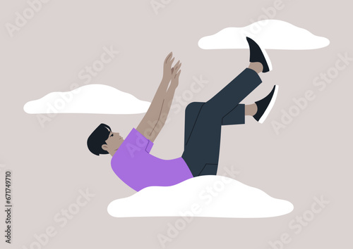 A young character plummeting in a free fall, feeling hopeless and apathetic, descending from the clouds to a rock bottom