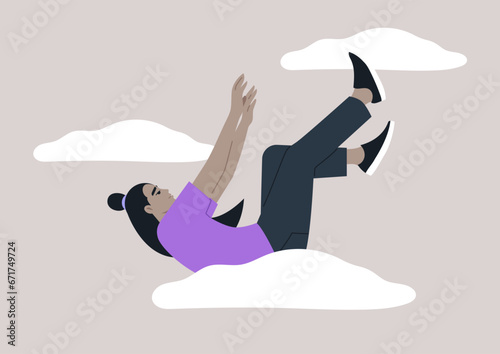 A young character plummeting in a free fall, feeling hopeless and apathetic, descending from the clouds to a rock bottom