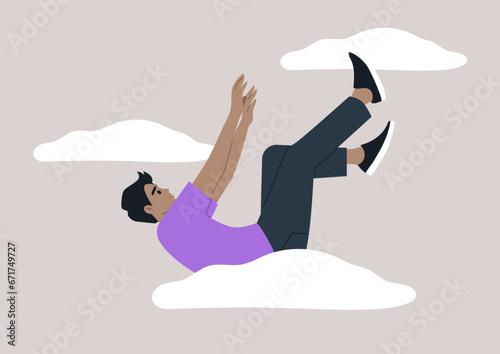 A young character plummeting in a free fall, feeling hopeless and apathetic, descending from the clouds to a rock bottom