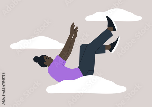 A young character plummeting in a free fall, feeling hopeless and apathetic, descending from the clouds to a rock bottom photo