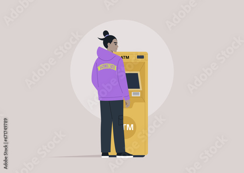 A young character wearing a hoodie and cargo pants, seen from behind, standing next to an ATM machine while withdrawing cash