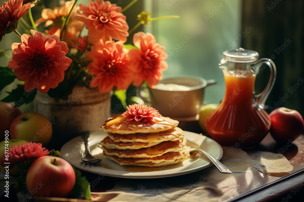 Delectable Pancakes with Strawberry Jam and Fresh Flowers on a Rustic Wooden Table.