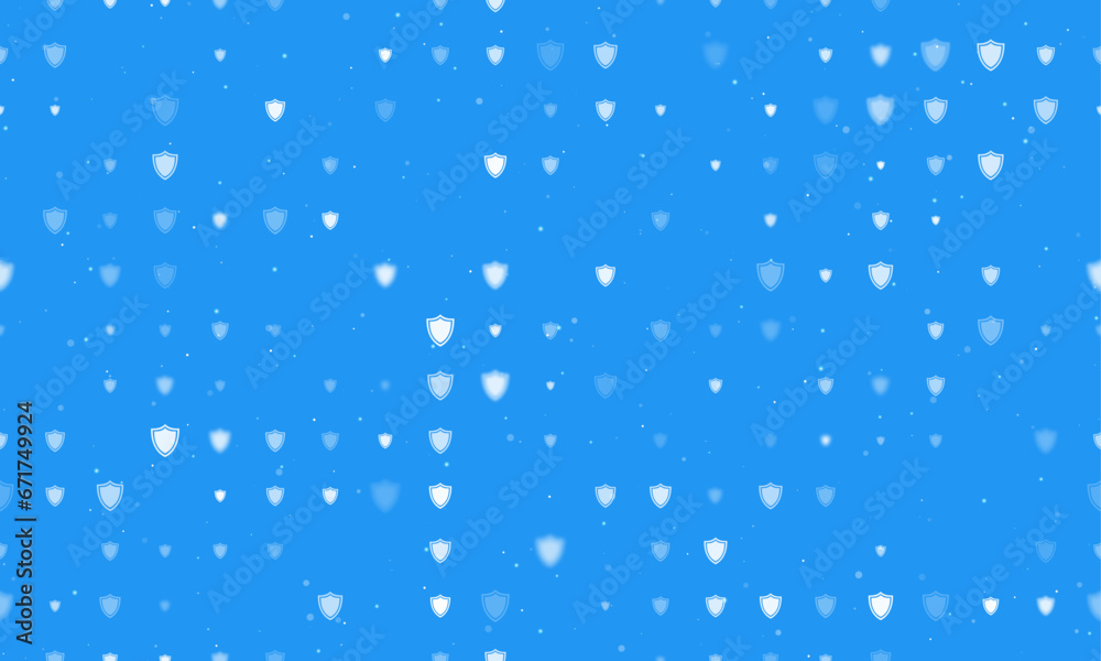 Seamless background pattern of evenly spaced white shield symbols of different sizes and opacity. Vector illustration on blue background with stars