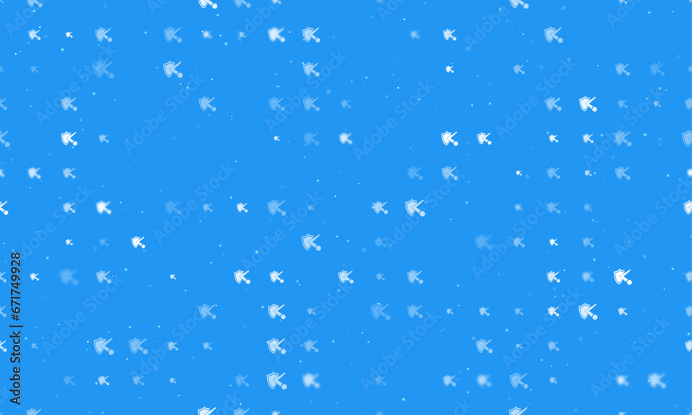 Seamless background pattern of evenly spaced white ball bounces off the shield symbols of different sizes and opacity. Vector illustration on blue background with stars Seamless background pattern of evenly spaced white ball bounces off the shield symbols of different sizes and opacity. Vector illustration on blue background with stars
