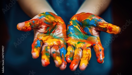 Photo of Colorful Paint Splattered Hands Creating Vibrant Artwork