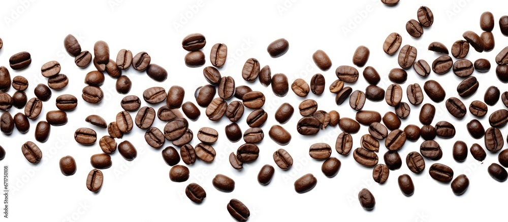 Roasted coffee beans flying on white Roasted coffee beans flying on white