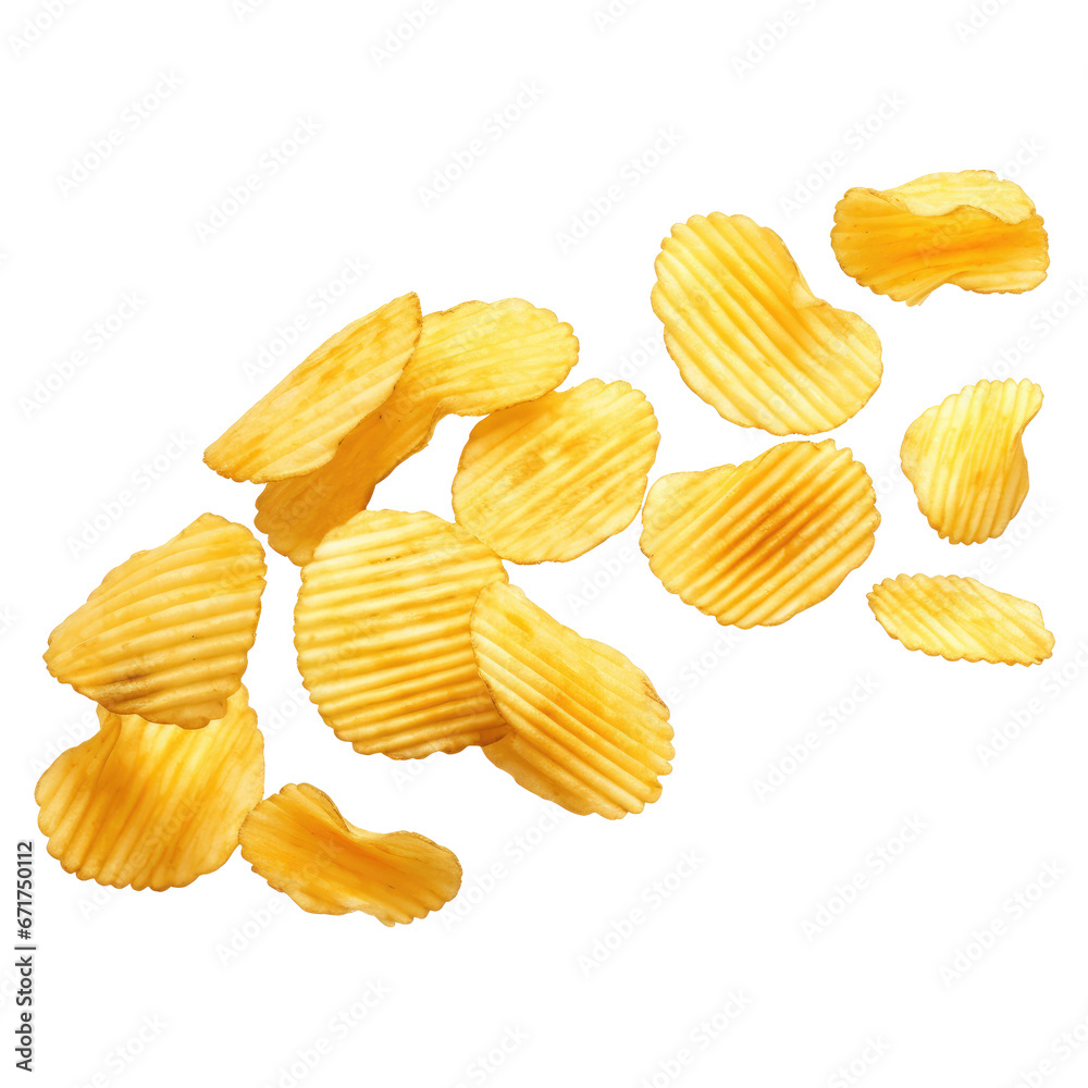 a flying and falling ridged potato chips isolated on a transparent background. PNG cutout or clipping path: a flying and falling ridged potato chips isolated on a transparent background. PNG cutout or clipping path: