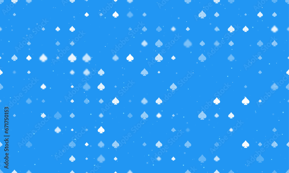 Seamless background pattern of evenly spaced white spades of different sizes and opacity. Vector illustration on blue background with stars